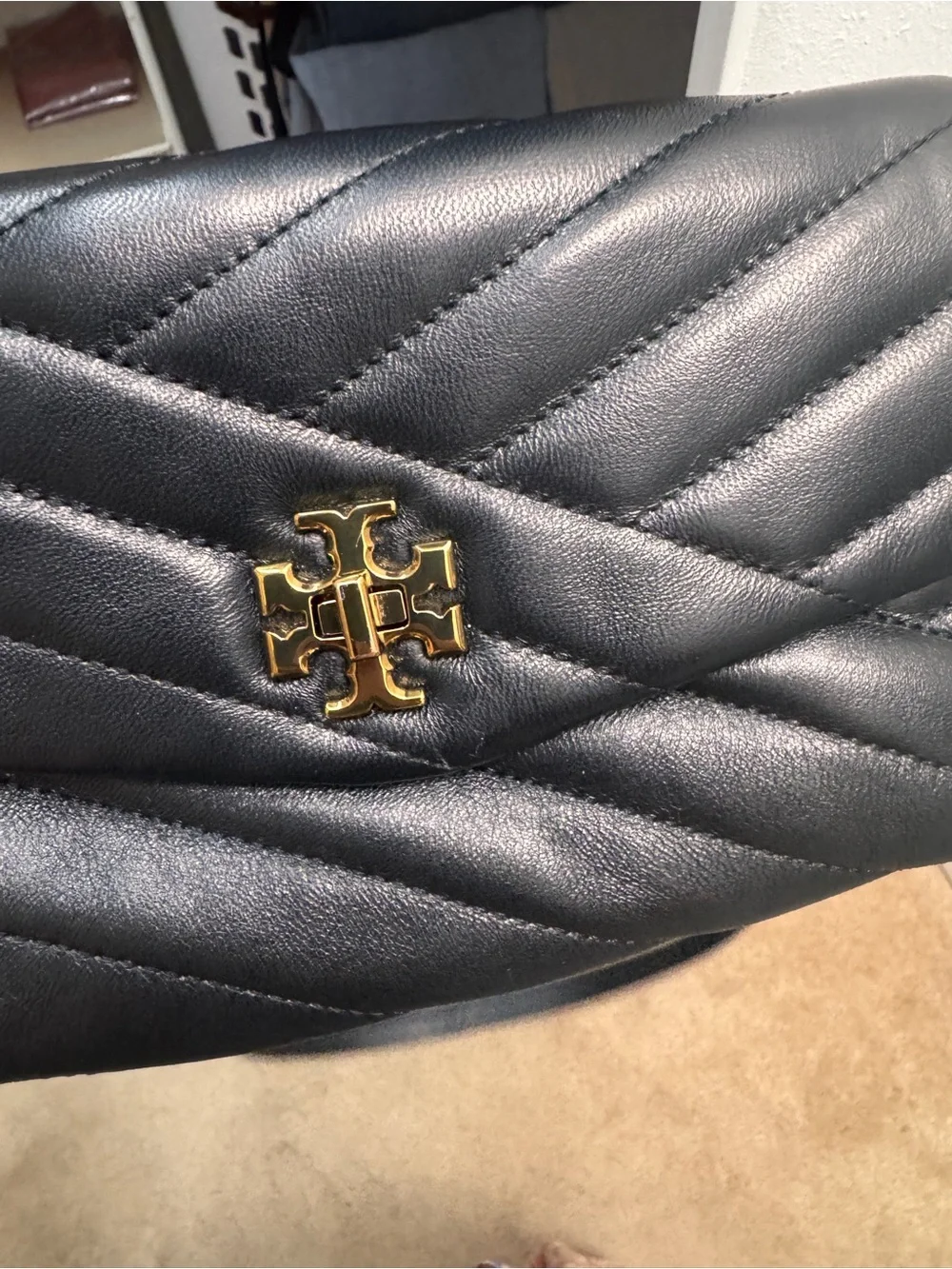 Tory Burch Black Quilted Leather Chevron Crossbody with Gold Hardware